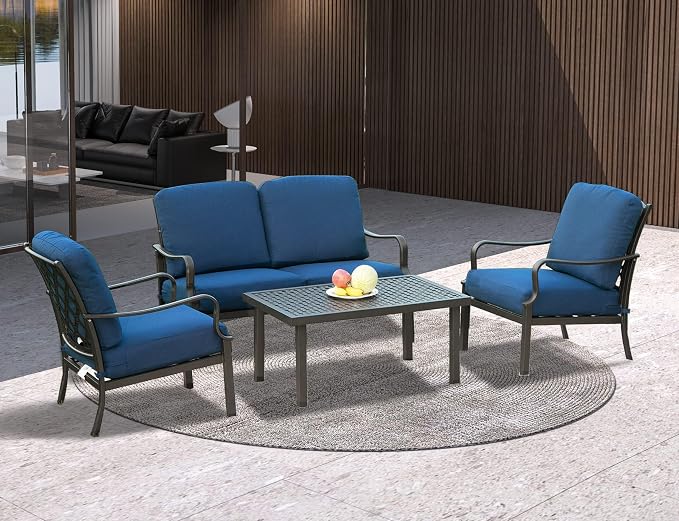 Domi Outdoor 4 pcs Patio Conversation Set, Metal Dining Table and Chairs Dining Set with Removable Navy Blue Cushions for Garden Lawn Yard