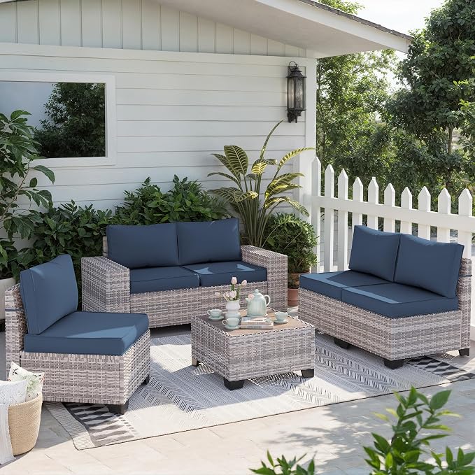 6-Piece Outdoor Patio Furniture Set Wicker Rattan Sectional Sofa Set, Patio Conversation Set with Thickened Cushions & Coffee Table for Garden, Backyard, Navy Blue