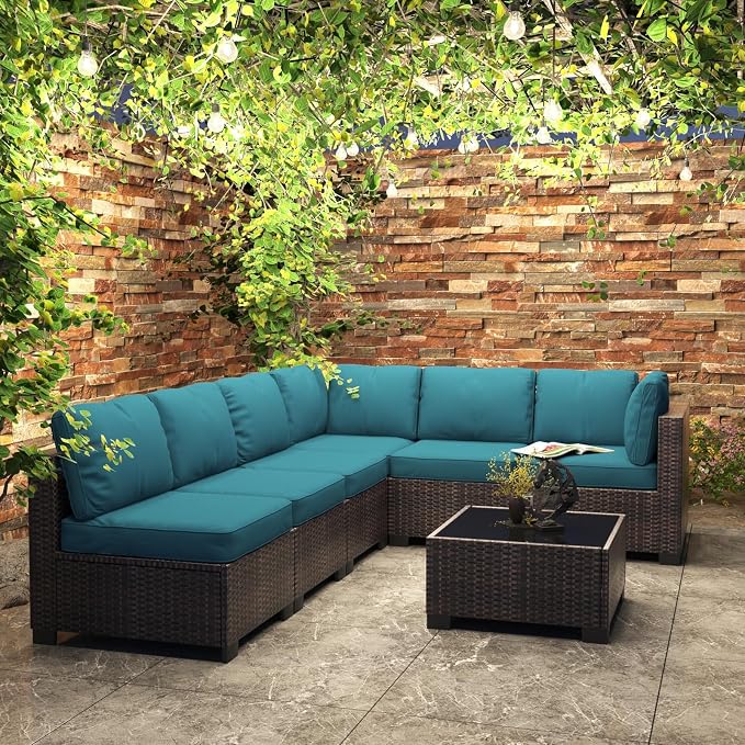 GarveeHome 7 Piece Patio Furniture Set, PE Rattan Wicker Sectional Sofa Set with Cushions & Glass Top Coffee Table, Outdoor Conversation Furniture for Garden, Balcony, Porch, Backyard