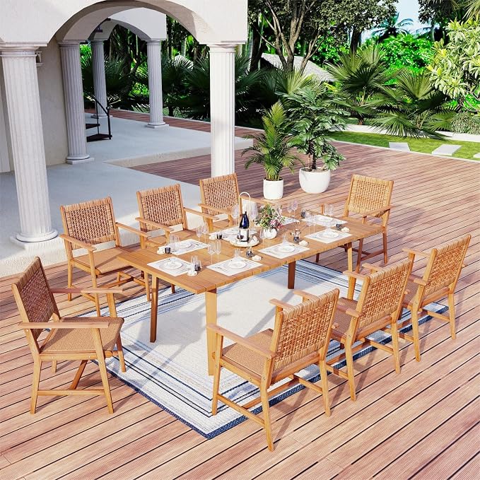 MFSTUDIO Patio Dining Chairs, Set of 2, Acacia Wood & Rattan, Natural Wood | Breathable, Supports 300 lb, For Garden