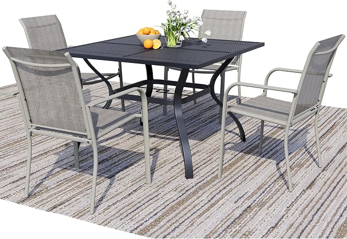 5-Piece Outdoor Dining Set, Square Metal Table with Grey Chairs, Black Patio Table with Umbrella Hole for Garden, Yard, Patio