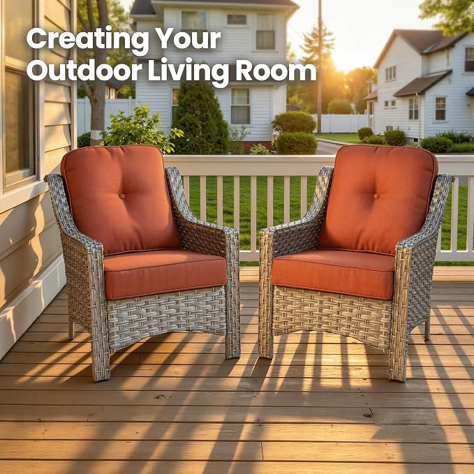 2 Piece Patio Furniture Set, Outdoor Wicker Chairs Set of 2 with Thick Cushion, Heavy Duty High Back Comfortable Chair for Small Balcony Porch Garden, Bold Orange