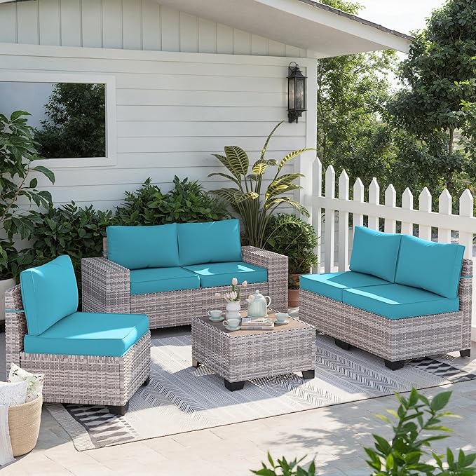 6-Piece Outdoor Patio Furniture Set Wicker Rattan Sectional Sofa Set, Patio Conversation Set with Thickened Cushions & Chunky Arms Coffee Table for Backyard, Turquoise