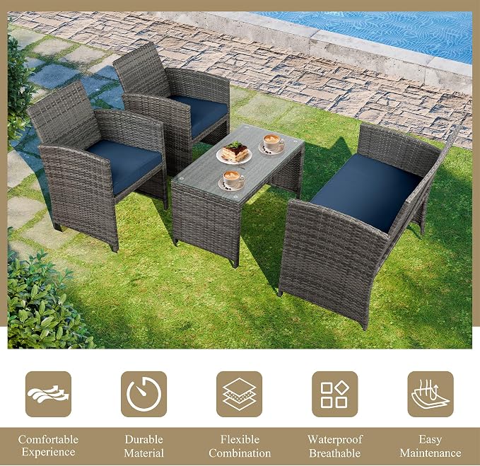 JAMFLY 4 Piece Outdoor Patio Furniture Set, Outdoor Wicker Rattan Chairs Conversation Sets with Cushions & Coffee Table for Outside, Garden, Balcony, Porch, Dark Blue