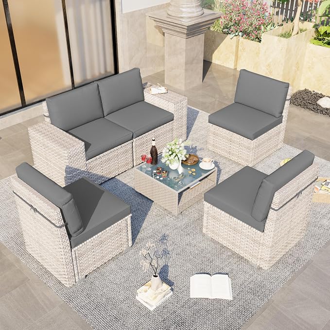 6-Piece Patio Furniture Set, Outdoor Extra Wide Armrest Modular Patio Sofa, Dual-Strand Rattan Wicker, Rust-Resistant Frame, Backyard High Back, Large Seat Furniture for Porch Garden Balcony, Grey