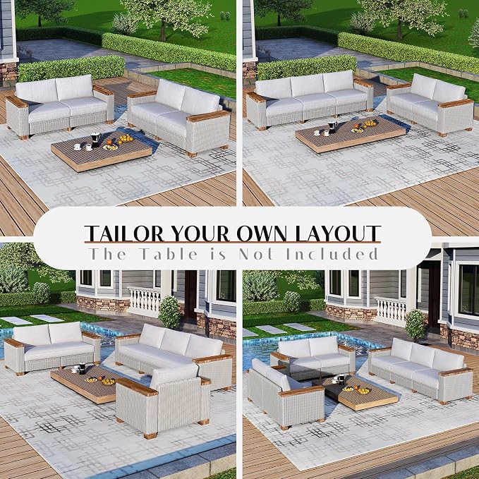 LUXOAK 5-Piece Patio Furniture Sets, Wicker Sofa Set with 5.9" Wider Solid Wood Armrest, Outdoor Conversation Set with Wood Legs, Patio Sectional Set for Backyards, Porch, Poolside, Garden
