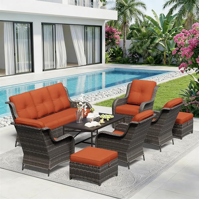 8 Piece Outdoor Wicker Patio Furniture Set, Patio Chairs Set with Thickened Olefin Cushions, High Back and Deep Seating, Hand-Woven PE Rattan, Ottoman for Porch, Deck