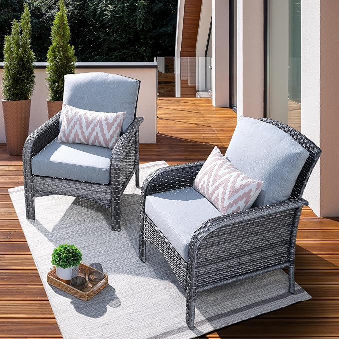 ovios 2-Piece Patio Furniture Set, Outdoor Wicker Sofa with Chairs, High Back Rattan Chair with Comfy Cushions for Porch Yard Deck, Grey