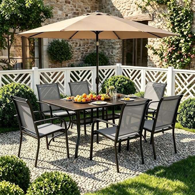 Crownland 7-Piece Patio Dining Set - 6 Textilene Metal Chairs & Rectangular Outdoor Dining Table with Khaki 9FT Round Outdoor Umbrella (Grey)