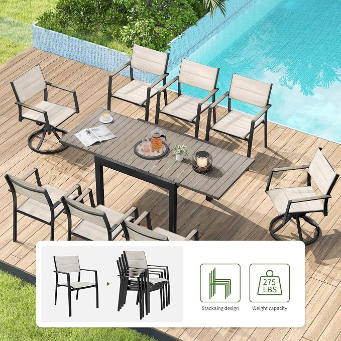 9 Piece Outdoor Dining Set, Expandable Outdoor Patio Dining Table and Swivel Chair Set, Aluminum Outdoor Table and 8 Chairs with Textilene Fabric & Armrest for Patio, Garden, Lawn(Grey)