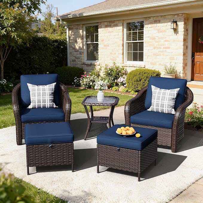 5 PCS Outdoor Conversation Set | 2 Chairs, 1 Side Table, 2 Ottomans, Patio Wicker Conversation Furniture with Removable Cushions for Bistro, Deck, Sunroom(Navy Blue)