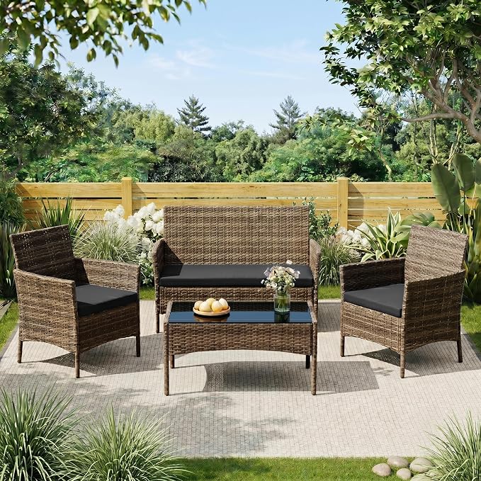 4 Pieces Outdoor Patio Furniture Set, Wicker Patio Conversation Set with Tea Table, All-Weather Outside Rattan Sectional Sofa for Backyard, Poolside, Garden, Balcony, Brown/Gray