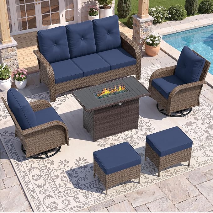 UDPATIO Patio Furniture Set with 44" Fire Pit Table, High Back 2 Swivel Rocker Chairs, Wicker Outdoor Conversation Sets with Thick Cushions & Ottoman, for Garden, Porch