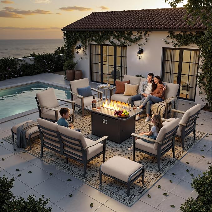 Aluminum Outdoor Patio Furniture Set with Swivel Rocking Chairs 11-Seat, Patio Sectional Sofa with Ottomans Patio Conversation Set with 55,000 BTU Fire Pit Table & High Backrest, Sand