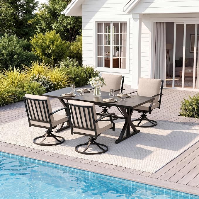 5 Pieces Patio Dining Set Outdoor Conversation Set,Metal Outdoor Furniture Set with Umbrella Hole Cut-Out 78.7" x 35.4" Table and 4 Metal Backrest Swivel Chairs for Backyard,Garden,Sand