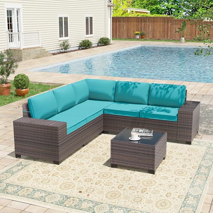 6 Pieces Patio Furniture Sets with Glass Tea Table,PE Rattan Wicker Patio Conversation Set with Washable Cushions,Outdoor Patio Sectional Furniture Set for Backyard, Poolside, Garden,Blue
