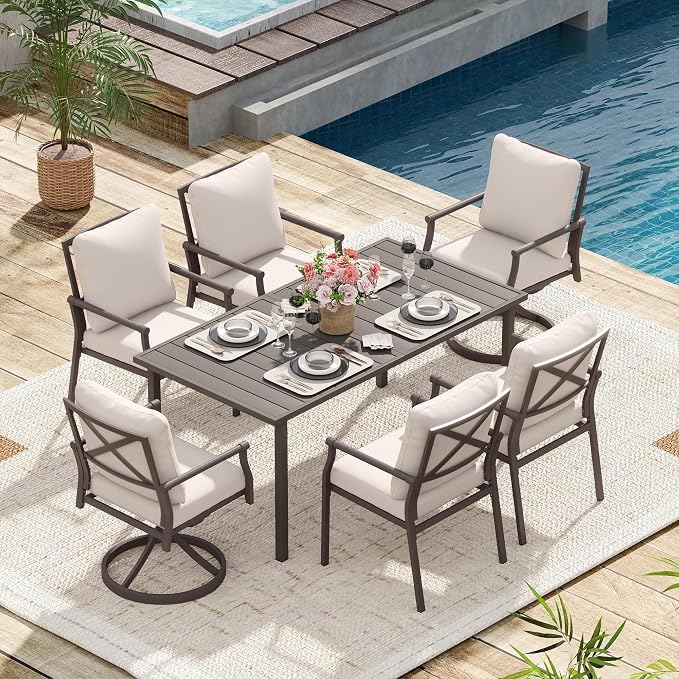 HAPPATIO Patio Dining Set, Powder-Coated Metal Outdoor Table and Chairs Set for 6,4 Chairs and 2 Swivel Rockers with Thick Cushions, 60" Rectangular Table with 1.5" Umbrella Hole for Deck Backyard