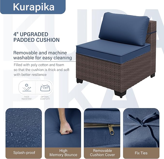 Kurapika 10 Pieces Patio Furniture Set, Rattan Wicker Sofa Set, Outdoor Conversation Sets w/Swivel Rocking Chairs Patio Sectional Sofa w/4 Inch Cushion, Navy Blue