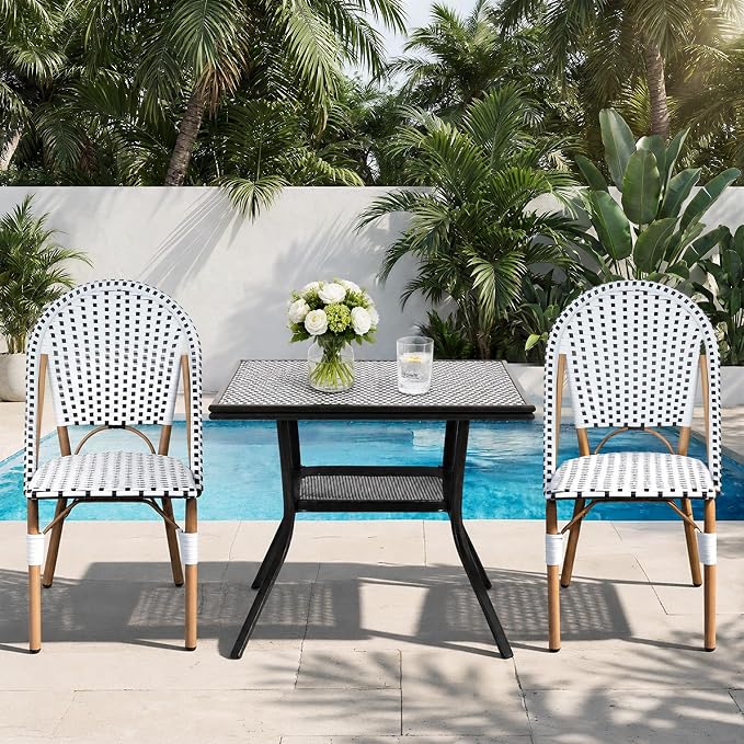 3-Piece Patio Dining Set, Outdoor French Country Bistro Table and Chairs, All-Weather Wicker Square Table & 2 Chairs w/Metal Frame, for Backyard Balcony, Black/White
