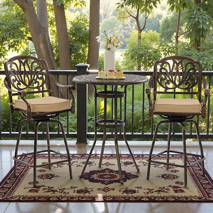 3-Piece Cast Aluminum Outdoor Bar Set, 31.5" Round High Top Patio Table & 2 Swivel Barstools with Cushions, Antique Bronze Rustproof Bistro Set for Balcony, Poolside & Deck