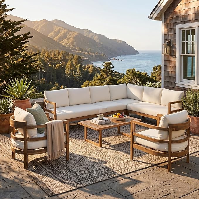 Merax Outdoor Acacia Wood 7-Seater Sectional Sofa Set with Cushions, Wood Patio Modular Lounge with Corner & 1 Table & 2 Club Chairs for Balcony, Porch, Garden, Beige + Light Brown
