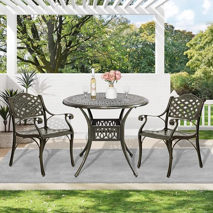 MEETWARM 3 Piece Patio Bistro Set, Outdoor All-Weather Cast Aluminum Dining Furniture Set Includes 2 Chairs and a 35.4” Round Table with Umbrella Hole for Garden Deck
