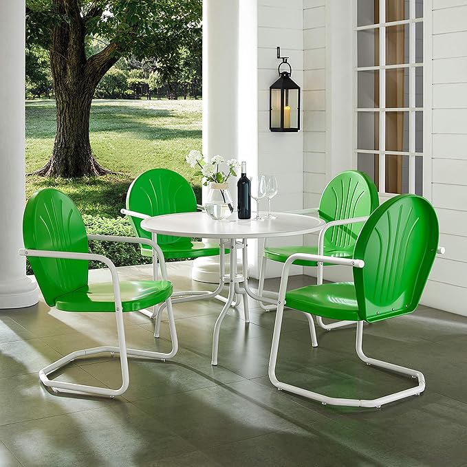 Crosley Furniture Griffith 5-Piece Outdoor Dining Set for 4, Retro Metal Round Patio Table and Chairs, Grasshopper Green