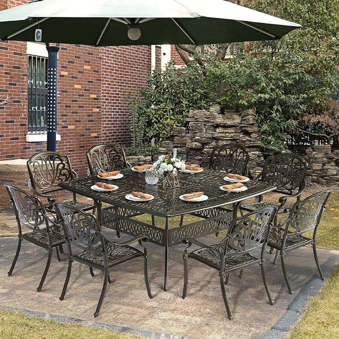 9-Piece Patio Cast Aluminum Dining Set, Outdoor Dining Furniture Set for 8 Person, Includes 64" Large Square Dining Table and 8 Chairs with Umbrella Hole for Patio Deck Garden
