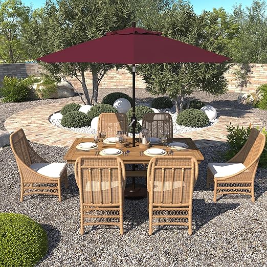 California Umbrella 9' Round Aluminum Patio Umbrella, Crank Lift, Push Button Tilt, Bronze Pole, 4-year Non-fading fabric, Burgundy