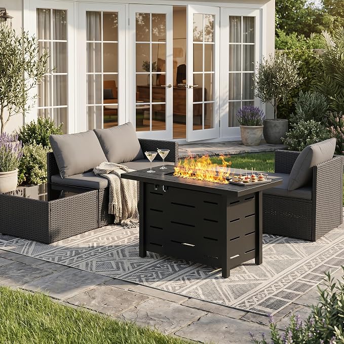SUNLEI 4-Piece Patio Furniture Set with 43" Propane Fire Pit Table, Outdoor Wicker Sectional Sofa Set, All-Weather Conversation Set for Backyard, Poolside, Garden, Blue Cushions