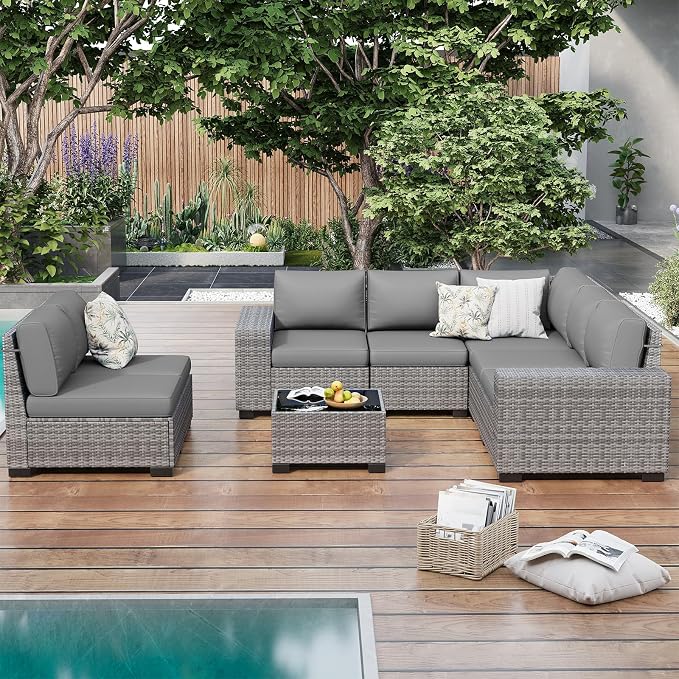 Outdoor Patio Furniture Set, 8‘’ Wide armrest Outdoor Sectional Rattan Sofa Set, Wicker Patio Furniture Sets w/Coffee Table,Thick Cushions and Cover for Porch, Balcony,Deck,8 PCS(Grey&Grey)