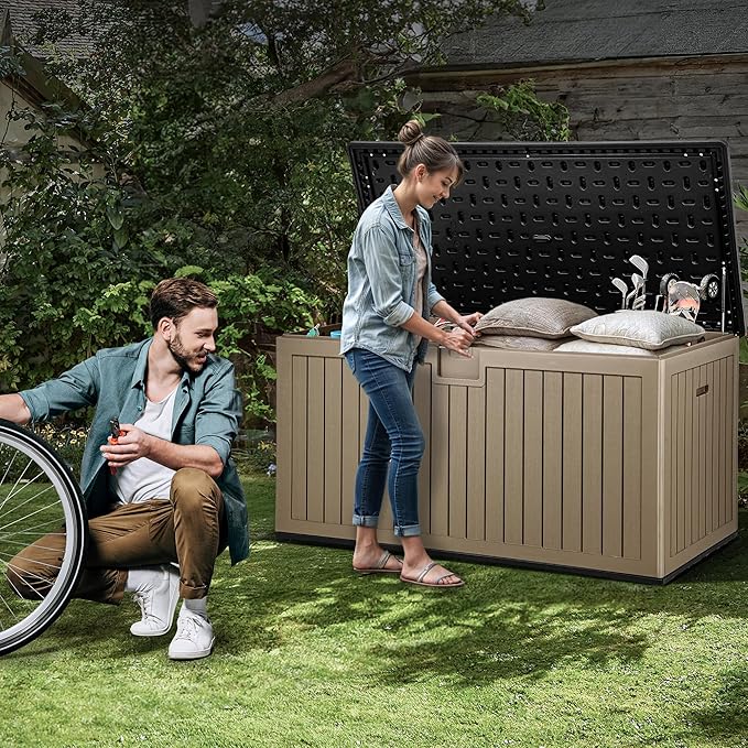 YITAHOME XXL 260 Gallon Large Deck Box,Outdoor Storage for Patio Furniture Cushions,Garden Tools and Pool Equipment with Flexible Divider,Waterproof,Lockable (Black&Brown)