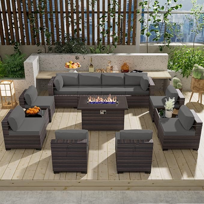 13 Pieces Outdoor Patio Furniture Set,Outdoor Sectional Furniture with 43" 55000 BTU Gas Propane Fire Pit Table,PE Rattan Wicker Patio Conversation Set with 10 Thickened Cushions,Grey