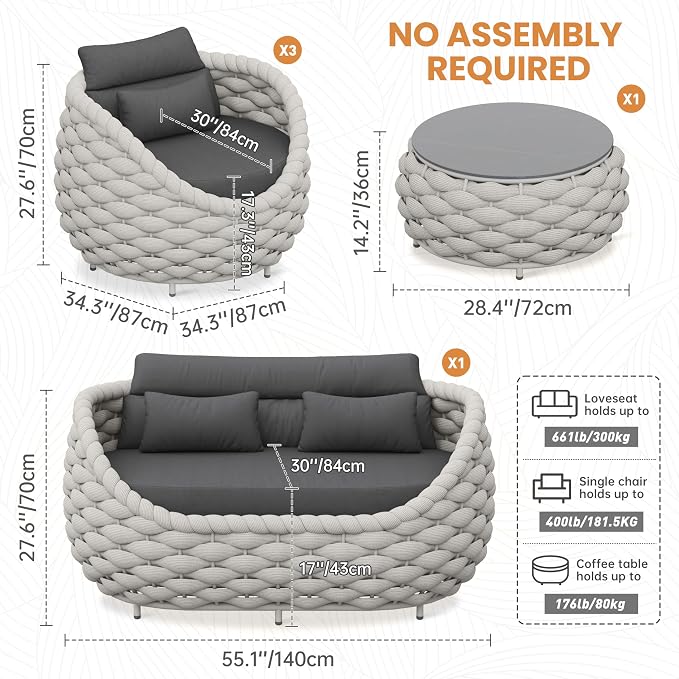 Aluminum Outdoor Seating Set: 5 Pieces Woven Rope Patio Furniture Conversation Set - Modern Deck Loveseat Set Cushioned - Assembled Metal Porch Lounge Set for Yard Garden Lanai Hotel Resort Pool