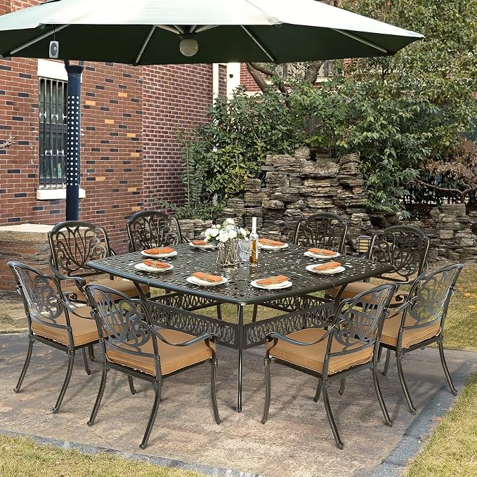 9-Piece Patio Cast Aluminum Dining Set, Outdoor Dining Furniture Set for 8 Person, Includes 64" Square Table and 8 Cushioned Chairs with Umbrella Hole for Patio Deck Garden, Tan