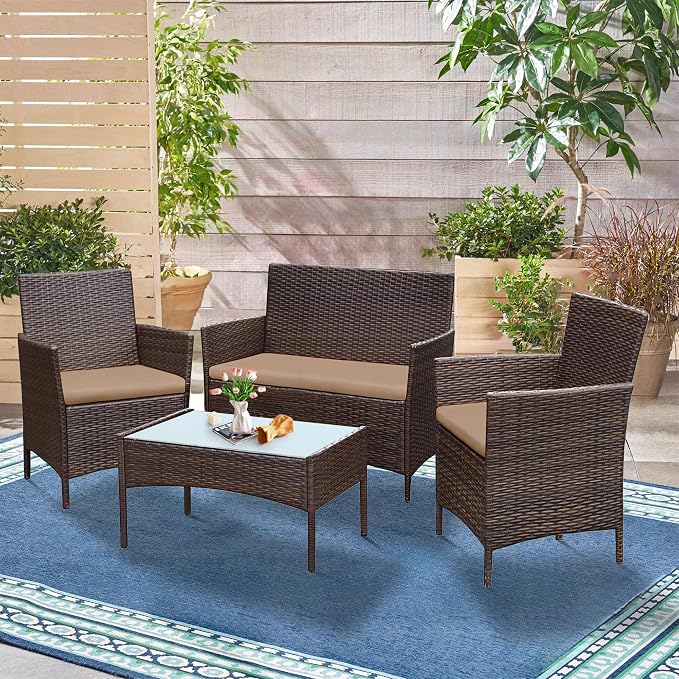 PROHIKER 4 Piece Outdoor Wicker Patio Conversation Furniture Set, Rattan Chair Wicker Sofa Garden Conversation Sets with Cushion and Glass Table for Yard Pool or Backyard, Brown/Khaki