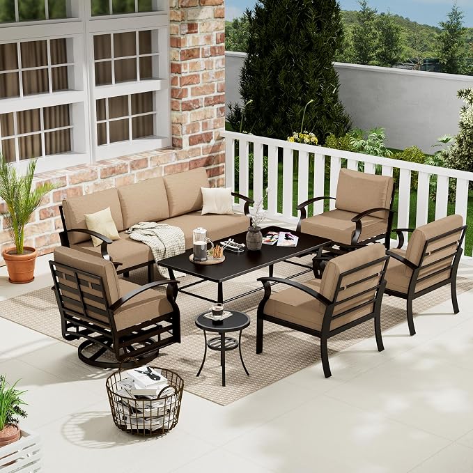 Aluminum Patio Furniture Set with Coffee Table,7 Seats Metal Modern Outdoor Furniture w/5.1" Thick Cushions, Sectional w/Swivel Chairs for Backyard,Sand