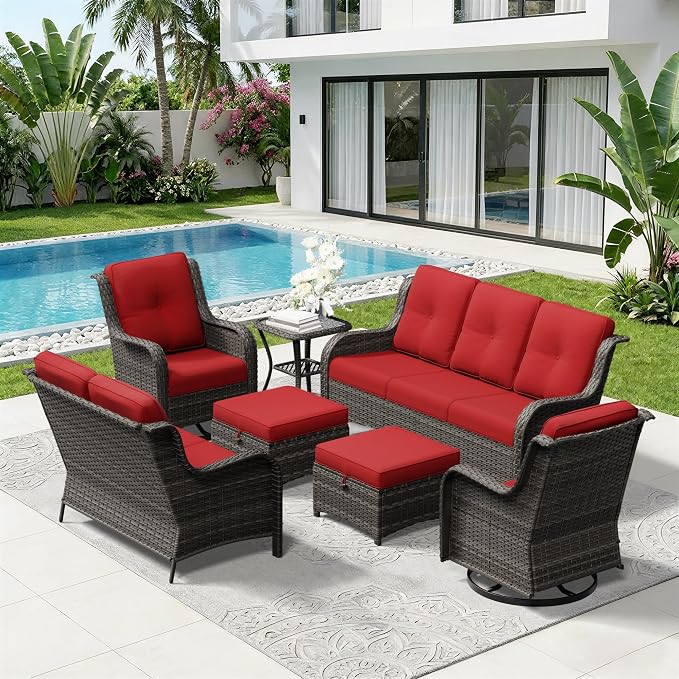 7 Piece Outdoor Wicker Patio Furniture Set, Outdoor Swivel Rocker Patio Chairs Set with Thickened Olefin Cushions, High Back and Deep Seating, Hand-Woven PE Rattan for Porch, Deck