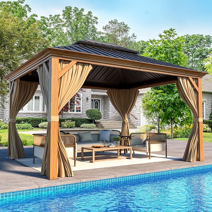 EROMMY 10'x12' Hardtop Gazebo, Wooden Finish Coated Aluminum Frame Canopy with Galvanized Steel Roof, Outdoor Metal Gazebo with Curtains and Nettings for Patio, Backyard, Deck and Lawns