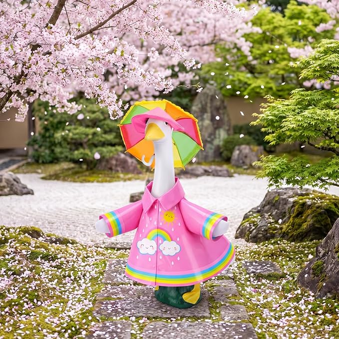 DECOHS 3 Pcs/Set Raincoat Porch Goose Outfits, Summer Lawn Goose Statue Raincoat Costume, Yard Goose Clothes Raincoats Umbrella Hat Outfit for 23" Statue Patio Garden Decoration (Rosy Rainbow)