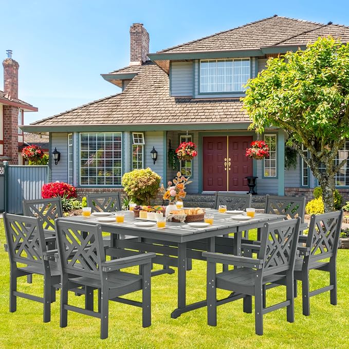 HDPE Outdoor Dining Set,10-Piece Outdoor Table and Chairs Include 8 Dining Chairs and 2 Pcs 62.5" Patio Dining Table with Umbrella Hole (Gray)