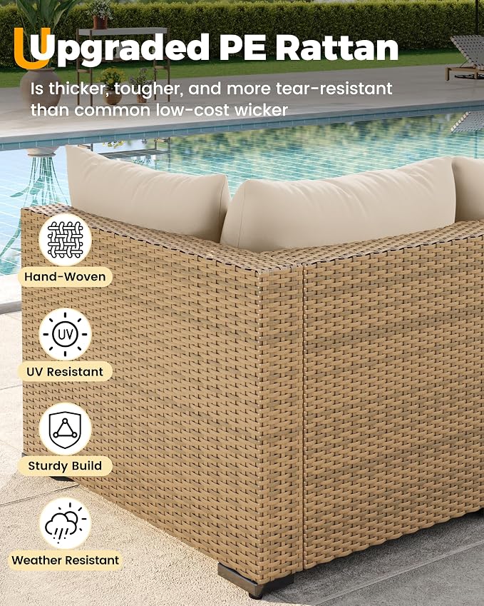UDPATIO Patio Furniture Set with Fire Pit Table, 8 Piece Sectional Sofas All-Weather Wicker Conversation for Garden, Backyard, Beige