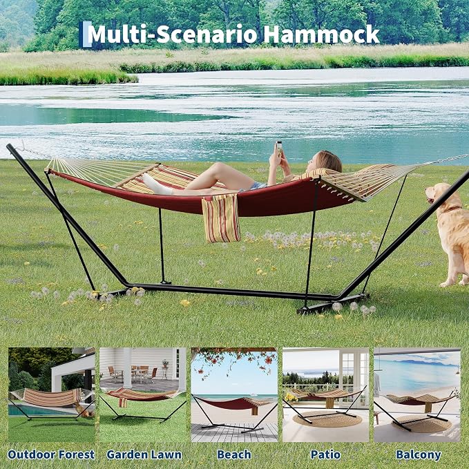 2 Person Outdoor Hammock with Stand, 450LBS Capacity, Heavy Duty Hammock with Carrying Bag & Soft Pillow, Portable Indoor Outdoor Hammock, Perfect for Backyard Patio Beach