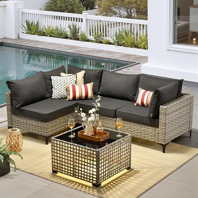 5 Pieces Patio Furniture Set with Solar Light Coffee Table, All-Weather Wicker Outdoor Sectional Conversation Sets L Shaped Sofas for Outside Porch Balcony Backyard Black