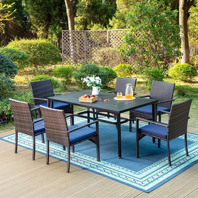 PHI VILLA 7 Piece Patio Dining Set, 64” Rectangular Table, Rattan Chairs | Outdoor Dining Set for 6, Metal Dining Table with Umbrella Hole, Rattan Wicker Chairs with Cushions for Patio, Deck, Porch