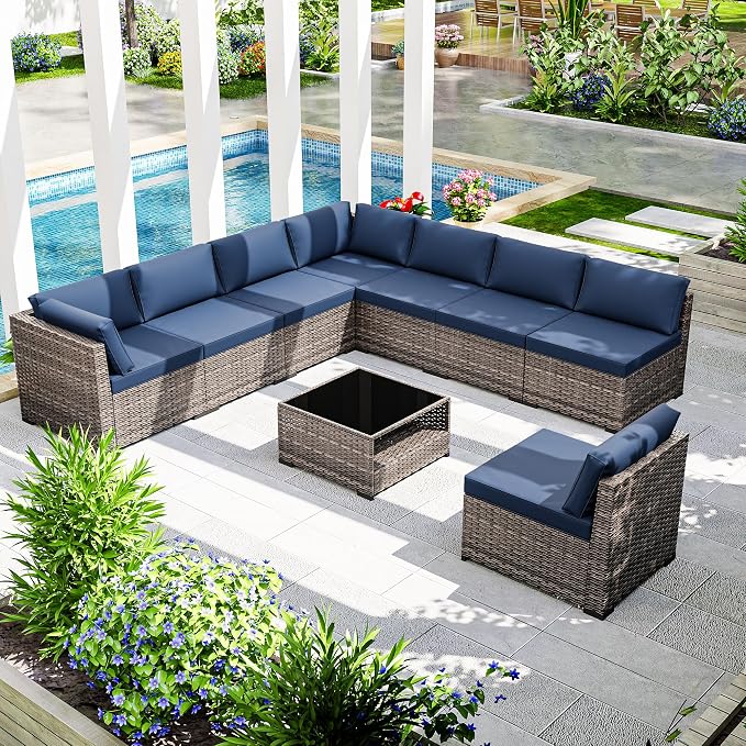 Joyside 9-Piece Patio Furniture Set, Rattan Outdoor Sectional Wicker Patio Conversation Set with Cushions and Coffee Table