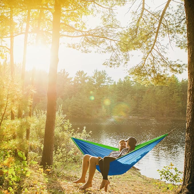 North East Harbor Hammock, Portable 2 Person Camping Hammock, Hammock for Two with Carabiners and Pre-Attached Bag, Two Person Hammock Camping Fun, Great Camping Accessories (Fruit Green & Light Blue)