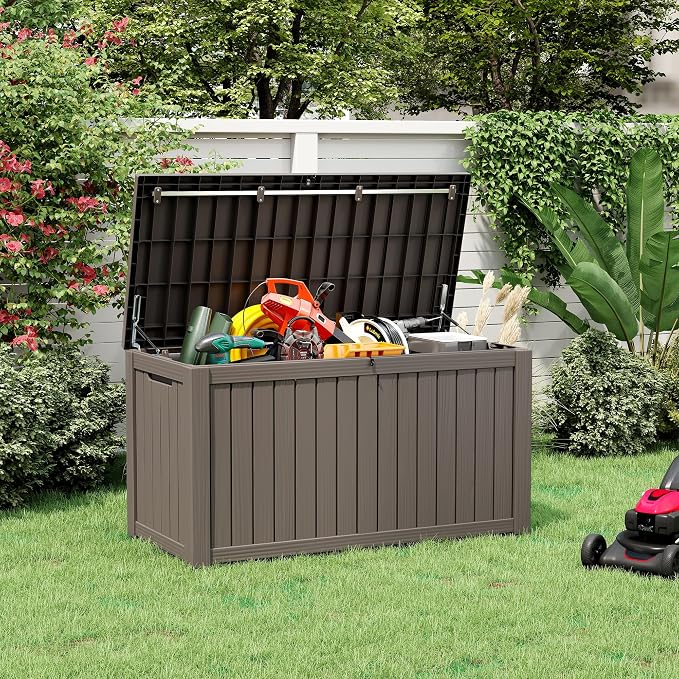KAMABOKO Outdoor Storage Box, 180 Gallon Large Outdoor Resin Deck Box, Storage Waterproof Boxes Lockable Lid for Garden Tools, Pool Supplies, Patio Furniture and Cushions, Grey