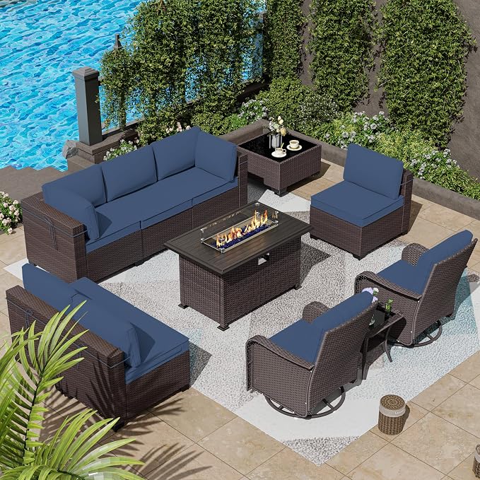 11 Pieces Patio Furniture Set with 2 Swivel Chairs Patio Furniture Outdoor Sectional Sofas with 55000 Gas Fire Pit Patio Conversation Set w/7 Cushions