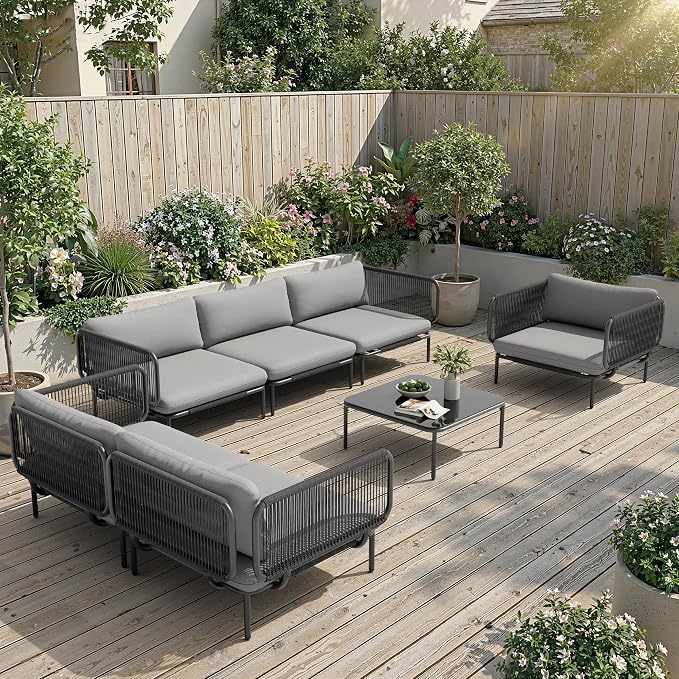 7-Piece Modern Outdoor Sectional Sofa with Coffee Table - 31" Deep Seating Patio Conversation Set, Weather-Resistant Low-Profile 11" Seat Height Lounge Seats for Deck, Porch & Backyard, Grey